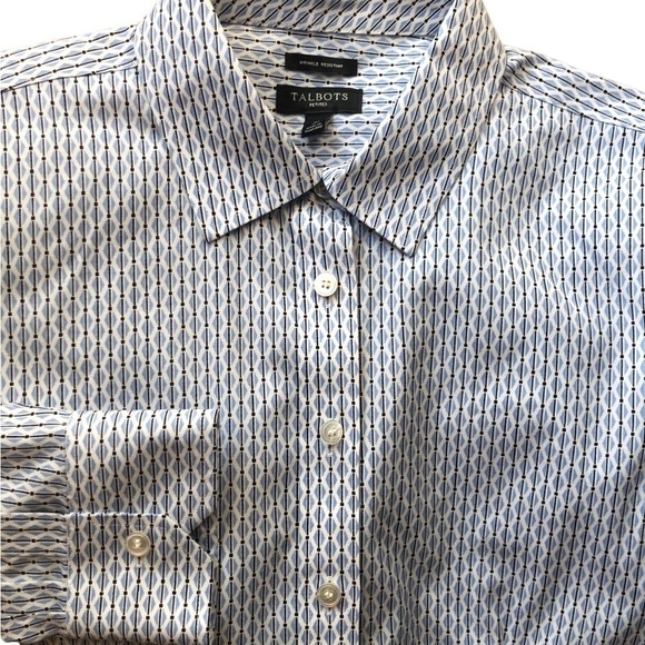 Talbots Petites Button Up Classic Blouse Sz. 2P Blue Striped/Diamond Print LS - Picture 2 of 5